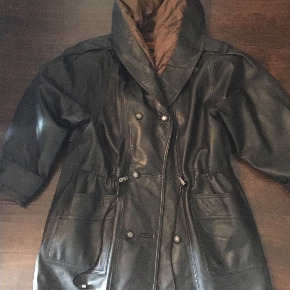 Black leather hooded coat, vintage